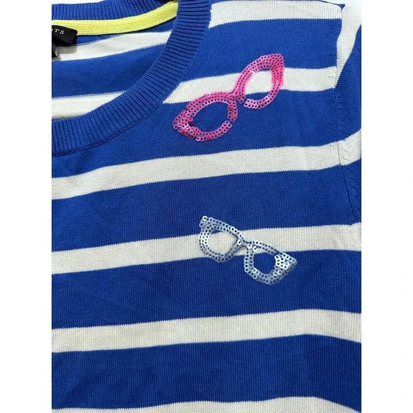 Talbots Blue Crew Neck Stripped Sequins Pullover Sweaters Size Large - Picture 2 of 4